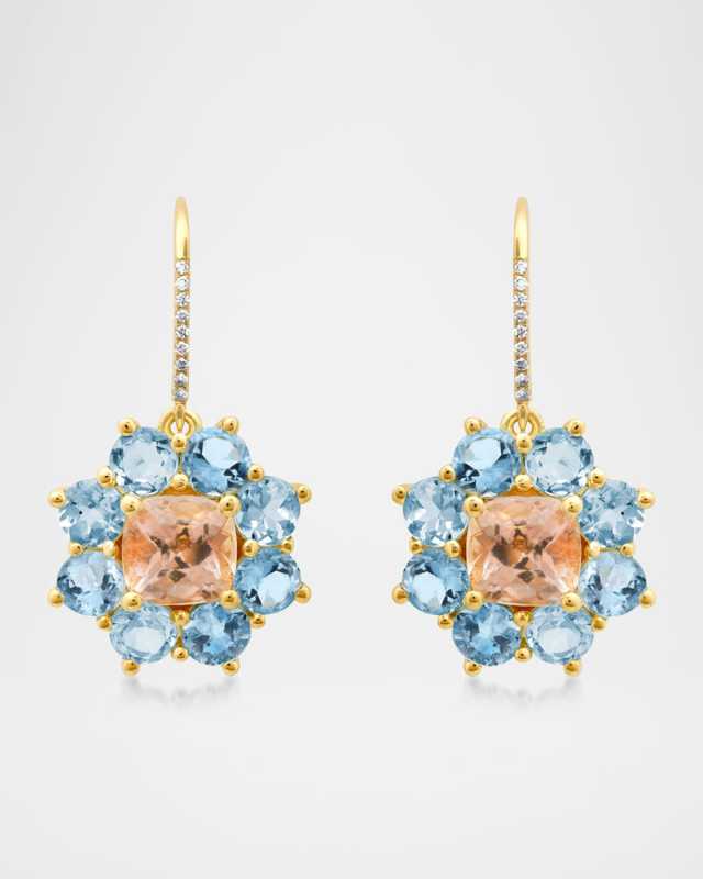 18K Yellow Gold Small Flower Earrings with Aquamarine, Morganite and Diamonds